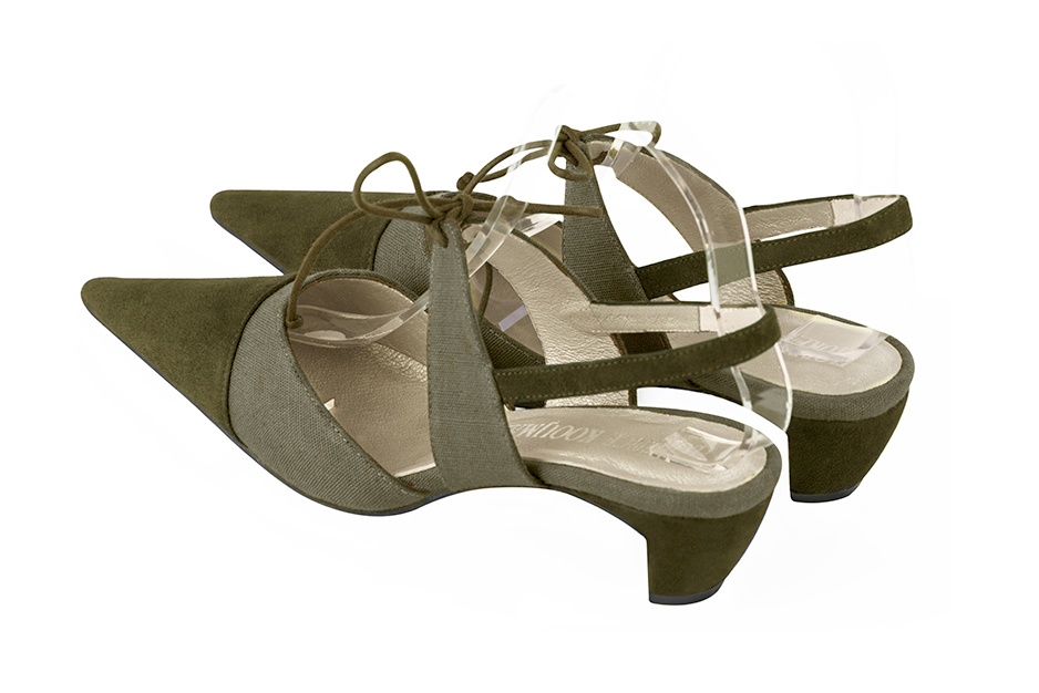 Khaki green women's open back shoes, with an instep strap. Pointed toe. Low comma heels. Rear view - Florence KOOIJMAN